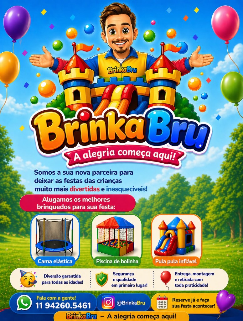 Panfleto BrinkaBru — aluguel de brinquedos para festa infantil